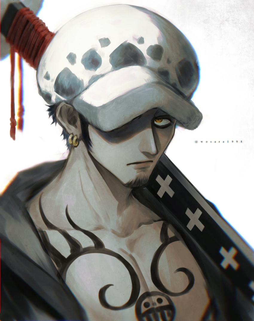 1boy, black_hair, chest_tattoo, commentary_request, earrings, facial_hair, goatee, hat