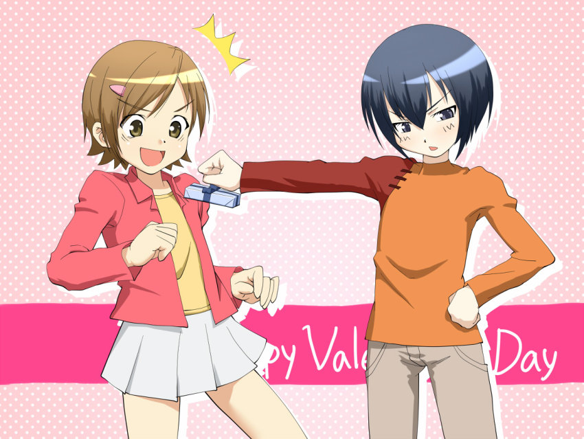 1boy, 1girl, androgynous, happy_valentine, kayaku_(banban), mako-chan_(minami-ke), makoto_(minami-ke), minami-ke