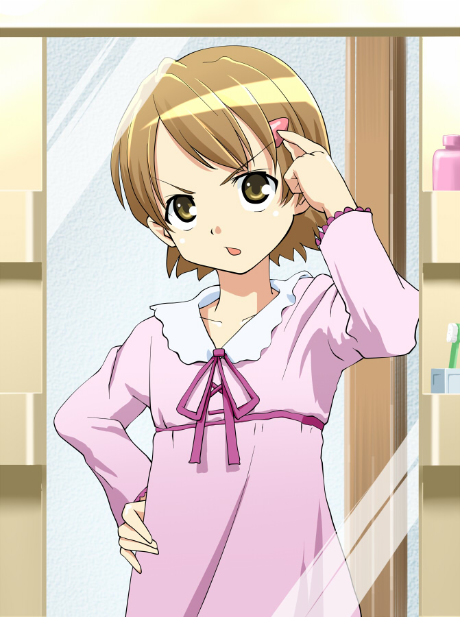 1boy, brown_hair, dress, hair_ornament, hairclip, kayaku_(banban), mako-chan_(minami-ke), makoto_(minami-ke)