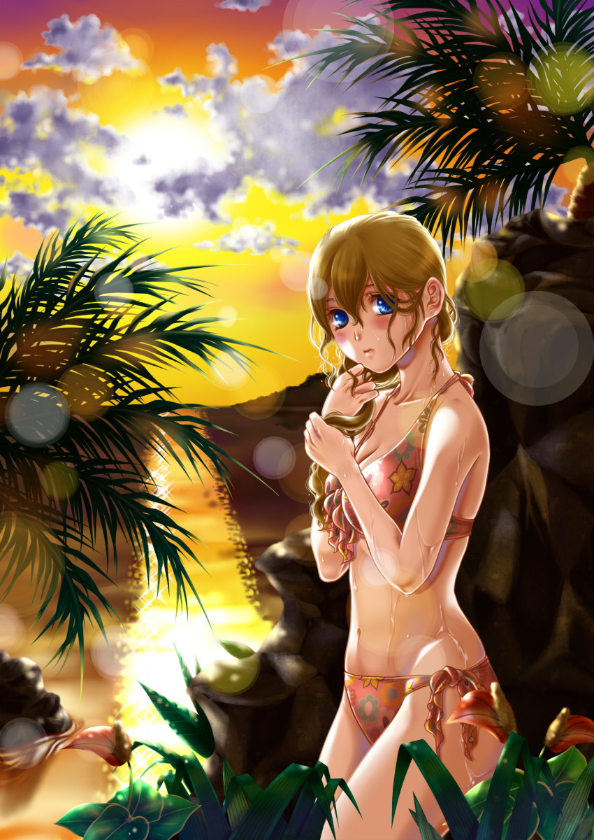 1girl, absurdres, bad_id, bad_pixiv_id, bikini, blue_eyes, brown_hair, female_focus, grass, highres, kimu_(honki12040129), leaf, long_hair, nature, nuruhachi_(honki), original, solo, sunset, swimsuit, wet