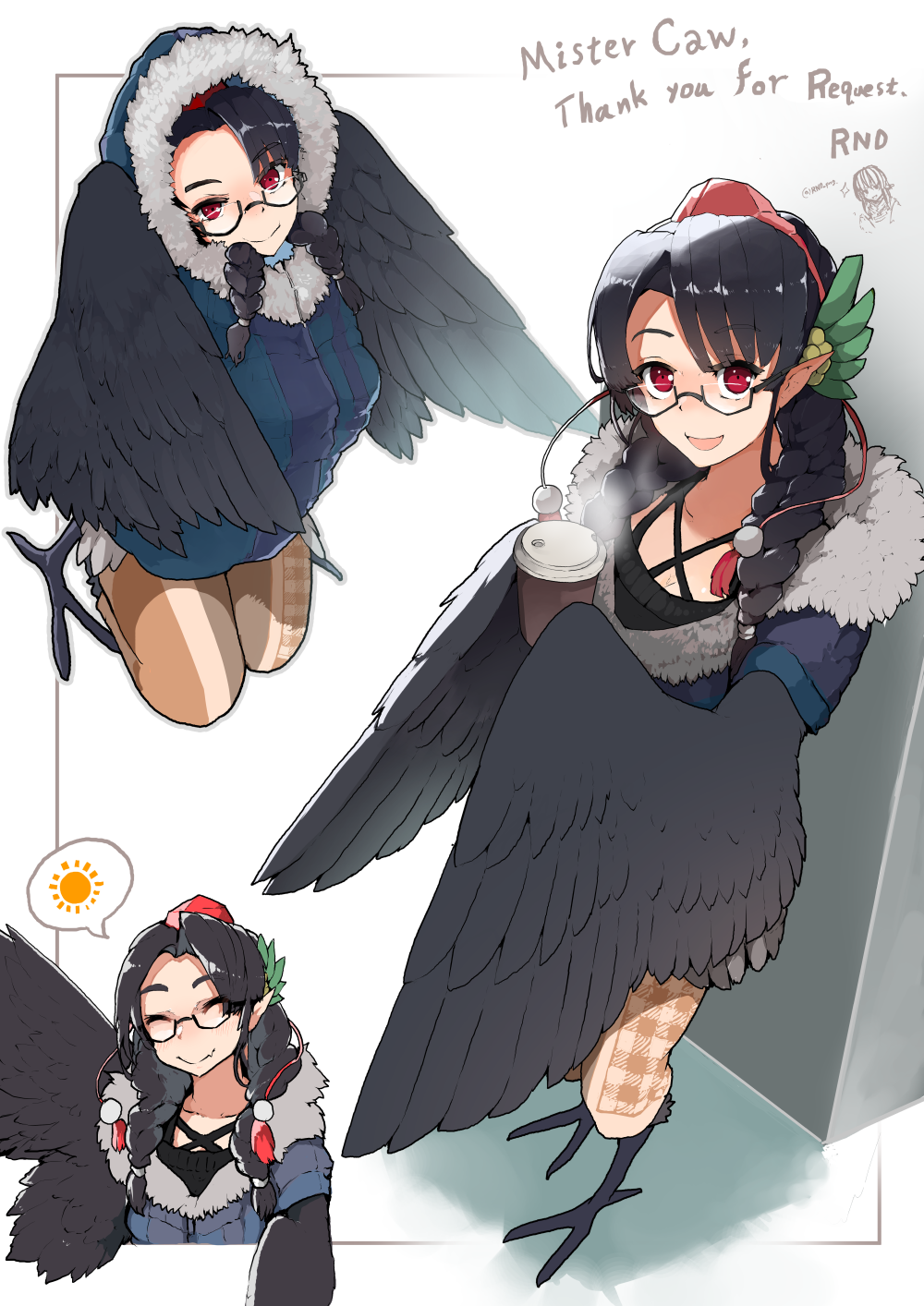 1girl, artist_name, bespectacled, bird_legs, black-framed_eyewear, black_feathers, black_hair, black_wings