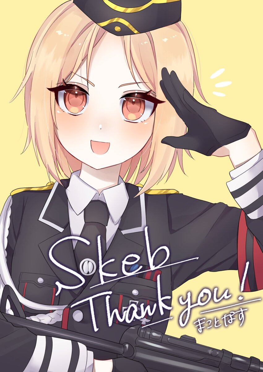 1girl, :d, black_gloves, black_jacket, black_necktie, blonde_hair, collared_shirt, commentary