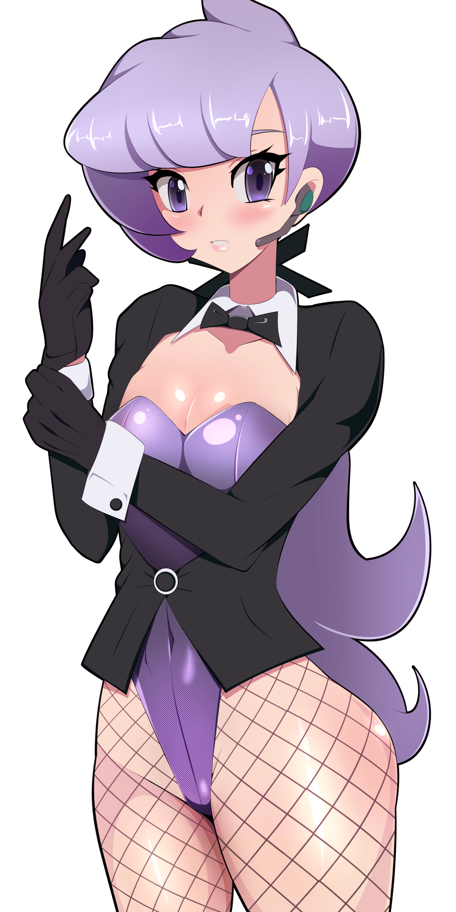 adapted_costume, adjusting_clothes, adjusting_gloves, anabel_(pokemon), blush, bow, bowtie, breasts, covered_navel, earphones, fishnet_pantyhose, fishnets, formal_clothes, gloves, harubato, highres, lavender_leotard, leotard, long_hair, looking_at_viewer, matching_hair/eyes, nintendo, pantyhose, playboy_bunny, pokemon, pokemon_sun_and_moon, ponytail, purple_eyes, purple_hair, small_breasts, wrist_cuffs