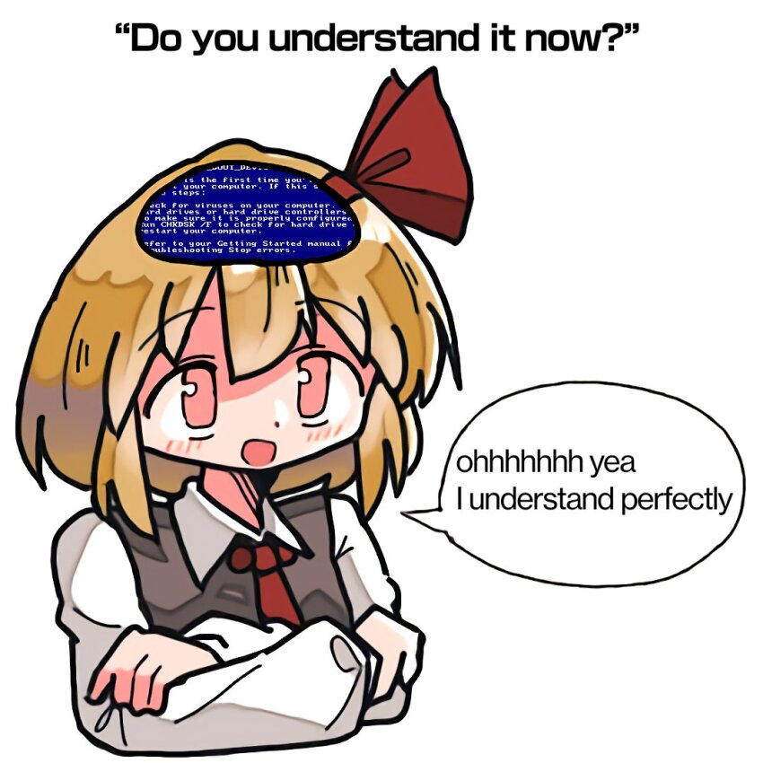 1girl, black_vest, blue_screen_of_death, blush, english_text, i_understand_everything_now_(meme), kasuya_baian, light_smile, meme, open_mouth, rumia, short_hair, speech_bubble, touhou, user_interface, vest, white_background