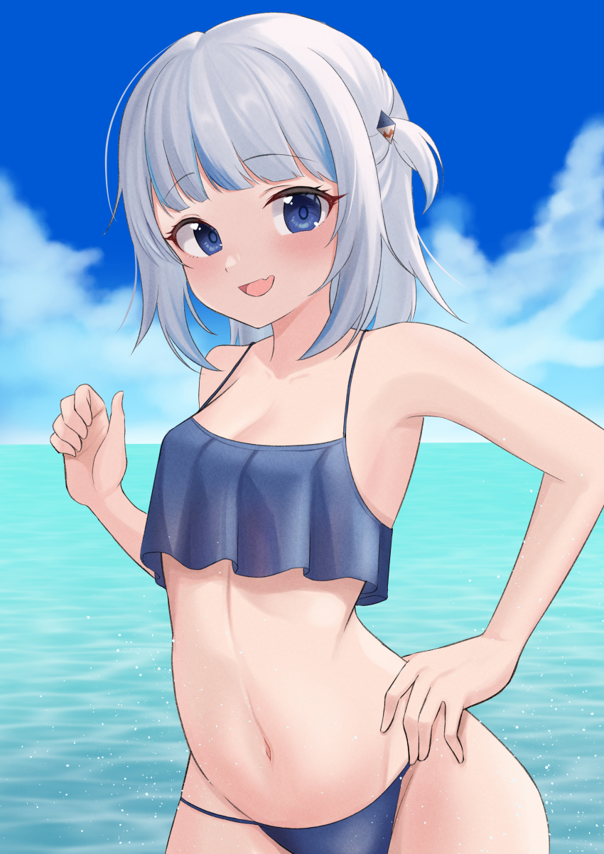 1girl, 9696k, :d, absurdres, bare_arms, bare_shoulders, bikini, blue_bikini