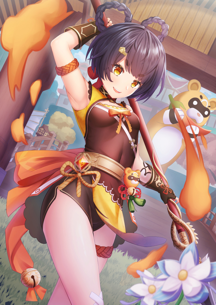 1girl, :d, architecture, arm_behind_head, armpits, black_hair, blue_flower, blunt_bangs, blurry, bow-shaped_hair, brown_gloves, chili_pepper, chinese_clothes, commentary_request, covered_navel, day, depth_of_field, dragon's_bane_(genshin_impact), east_asian_architecture, elbow_gloves, fence, fingerless_gloves, fire, flower, genshin_impact, glaze_lily, gloves, grass, hair_ornament, hairclip, holding, holding_polearm, holding_weapon, lantern, long_hair, looking_at_viewer, open_mouth, outdoors, polearm, red_panda, sleeveless, smile, spear, subob_(subobdesu), teeth, upper_teeth_only, vision_(genshin_impact), weapon, xiangling_(genshin_impact), yellow_eyes