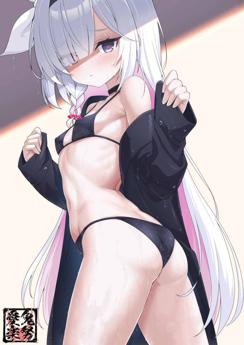 1girl, arms_up, ass, bikini, bikini_under_clothes, black_bikini, black_coat, blue_archive