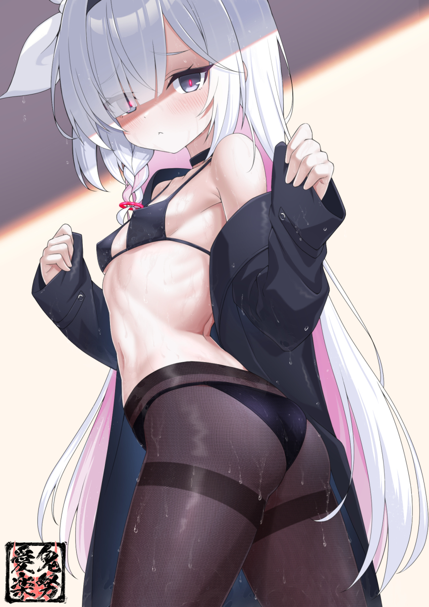 1girl, arms_up, ass, bikini, bikini_under_clothes, black_bikini, black_coat, black_pantyhose, blue_archive, blush, bow, braid, breasts, coat, expressionless, from_behind, glowing, glowing_eyes, grey_eyes, hair_bow, hair_over_one_eye, hairband, highres, kido_airaku, loli, long_hair, long_sleeves, looking_at_viewer, looking_back, micro_bikini, navel, off_shoulder, open_clothes, open_coat, pantyhose, pantyhose_over_swimsuit, plana_(blue_archive), ribbon, sleeves_past_wrists, small_breasts, solo, swimsuit, swimsuit_under_clothes, thighband_pantyhose, thighs, very_long_hair, wet, wet_bikini, wet_clothes, wet_pantyhose, white_hair