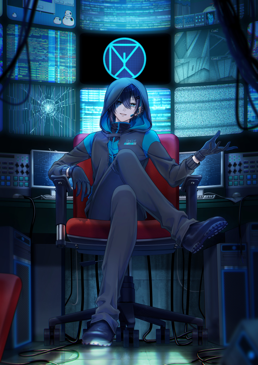 1boy, absurdres, black_gloves, black_hair, black_jacket, black_pants, black_shirt, black_shoes, blue_eyes, blue_hair, blue_shirt, blurry, cable, chair, computer, computer_keyboard, computer_mouse, cpu, crossed_legs, depth_of_field, earpiece, earrings, full_body, gloves, hair_between_eyes, hair_ornament, hairclip, head_tilt, highres, hood, hood_up, hooded_jacket, jacket, jewelry, long_sleeves, looking_at_viewer, male_focus, mayuzumi_kai, mayuzumi_kai_(2nd_costume), mojuke, monitor, multicolored_hair, nijisanji, pants, parted_lips, shirt, shoes, short_hair, sitting, smile, solo, streaked_hair, swivel_chair, tile_floor, tiles, virtual_youtuber
