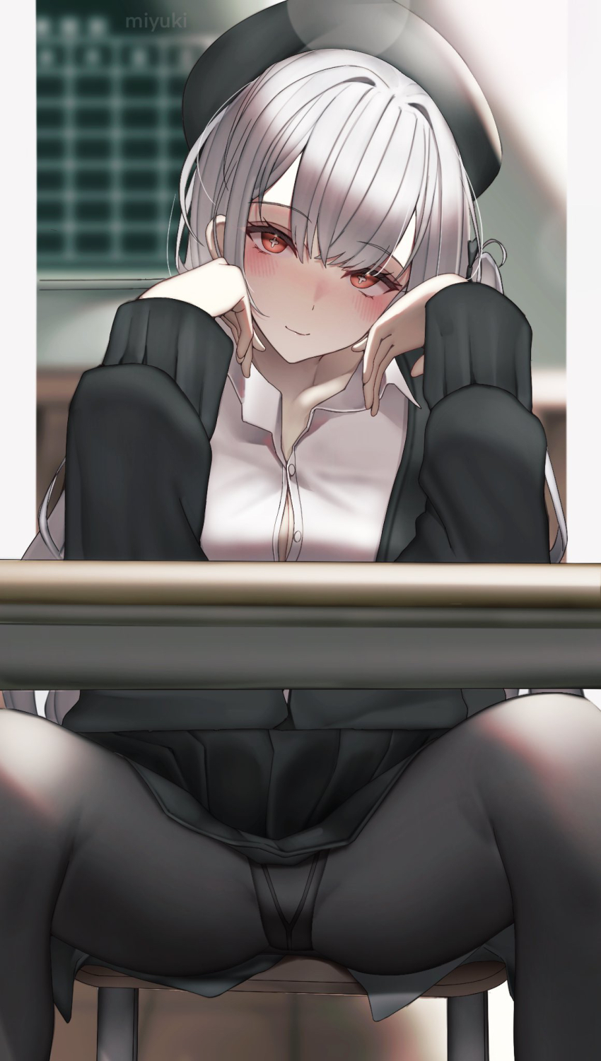 1girl, arm_rest, azur_lane, black_headwear, black_pantyhose, black_sweater, button_gap, collared_shirt
