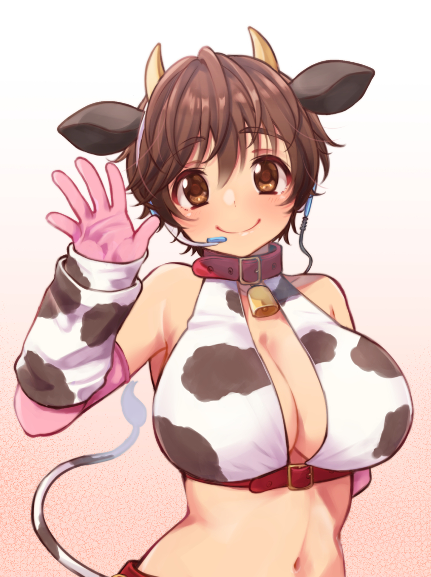 1girl, animal_ears, armpits, bell, bikini, blush, breasts, brown_hair