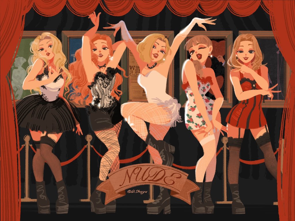 5girls, arm_behind_head, black_pantyhose, black_shorts, black_skirt, blonde_hair, brown_hair, cho_mi-yeon