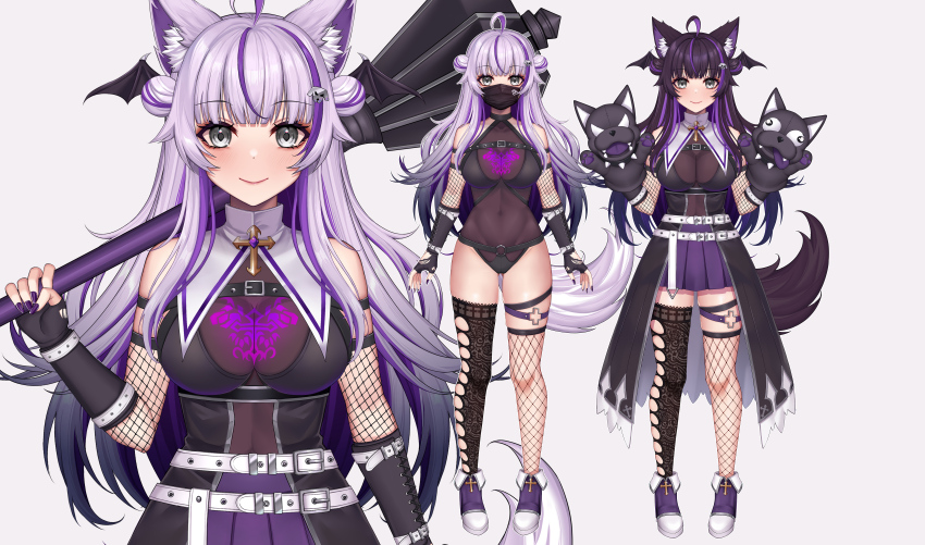 1girl, absurdres, animal_ears, asymmetrical_legwear, bare_shoulders, belt, black_eyes, black_gloves, black_thighhighs, blush, breasts, cleavage, double_bun, elbow_gloves, eyeliner, fingerless_gloves, fishnet_thighhighs, fishnets, gloves, gradient_hair, gu_li, hair_bun, hair_ornament, highres, holding_mace, holding_weapon, indie_virtual_youtuber, keru_beros, leotard, long_hair, mace, makeup, mask, medium_breasts, mismatched_legwear, mouth_mask, multicolored_hair, multiple_girls, multiple_views, navel, over_shoulder, pleated_skirt, purple_hair, purple_nails, simple_background, skirt, streaked_hair, thighhighs, torn_clothes, torn_gloves, two-tone_hair, virtual_youtuber, weapon, weapon_over_shoulder, white_background