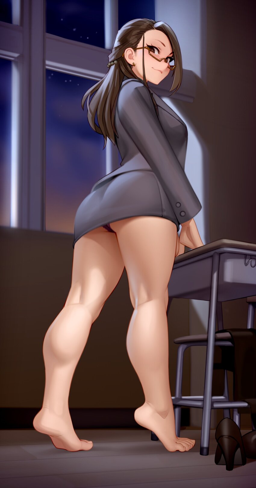 1girl, absurdres, bare_legs, barefoot, black_panties, black_shoes, brown-framed_eyewear, brown_hair