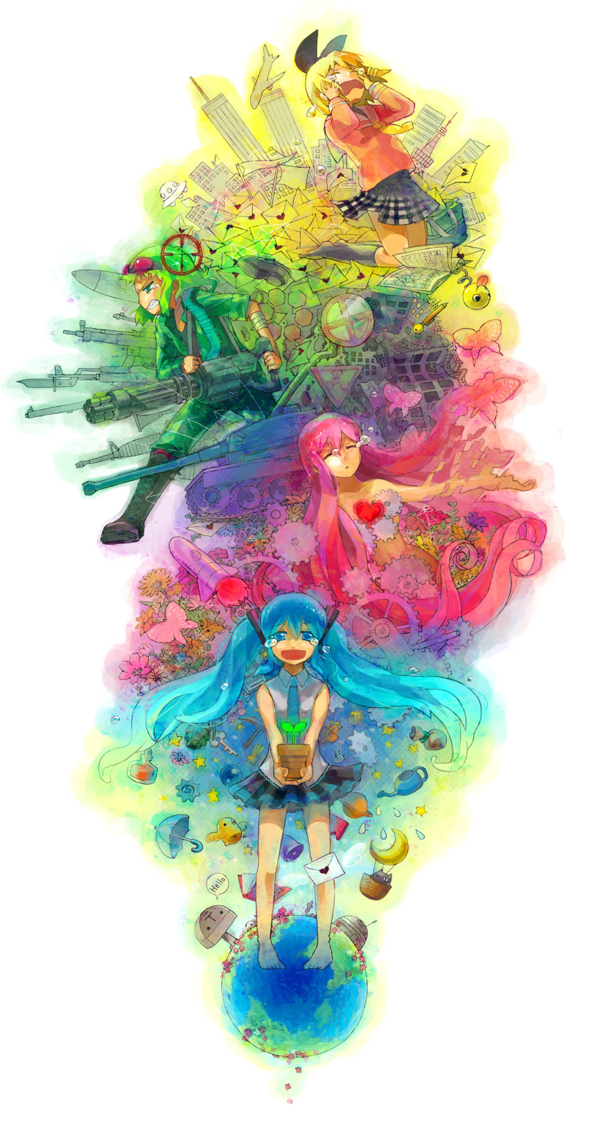 4girls, absurdres, aircraft, airplane, aqua_eyes, aqua_hair, bad_id, bad_pixiv_id, blonde_hair, bokura_no_16bit_warz_(vocaloid), closed_eyes, creator_connection, earth_(planet), goggles, goggles_on_head, green_eyes, green_hair, gumi, hair_ribbon, hatsune_miku, heart, hello_planet_(vocaloid), highres, kagamine_rin, letter, long_hair, love_letter, megurine_luka, multiple_girls, ooomi, pink_hair, planet, plant, pot, ribbon, school_uniform, short_hair, shuumatsu_ga_yattekuru!_(vocaloid), smile, songover, tears, twintails, ufo, vocaloid, wander_last_(vocaloid), weapon