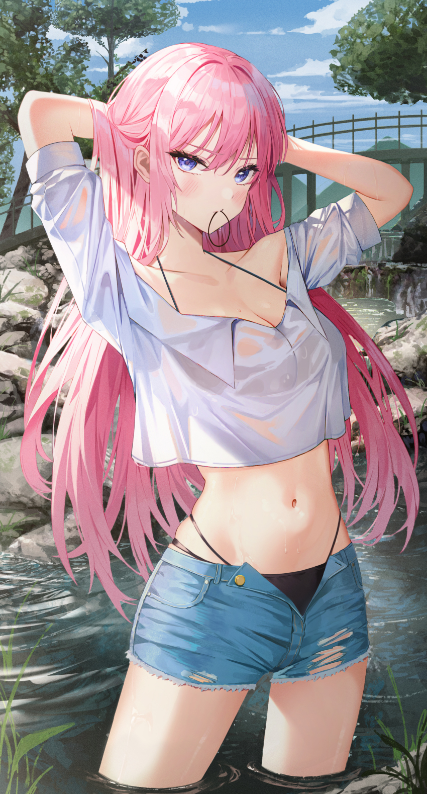 1girl, absurdres, arms_up, bikini, bikini_under_clothes, blue_eyes, blue_sky, breasts, cleavage, cloud, cowboy_shot, day, denim, denim_shorts, hair_tie_in_mouth, highres, k.j., kawaii_dake_ja_nai_shikimori-san, long_hair, looking_at_viewer, medium_breasts, midriff, mouth_hold, outdoors, pink_hair, shikimori_miyako, shirt, short_shorts, shorts, sky, solo, swimsuit, tree, wading, water, wet, wet_clothes, wet_shirt, white_shirt