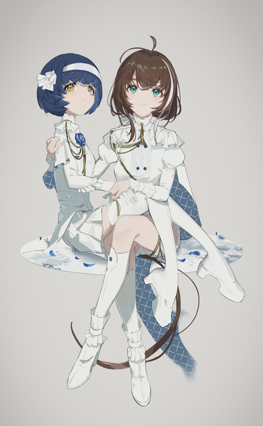 2girls, absurdres, ahoge, aru_(sinsekai), asu_(sinsekai), black_hair, blue_flower, boots