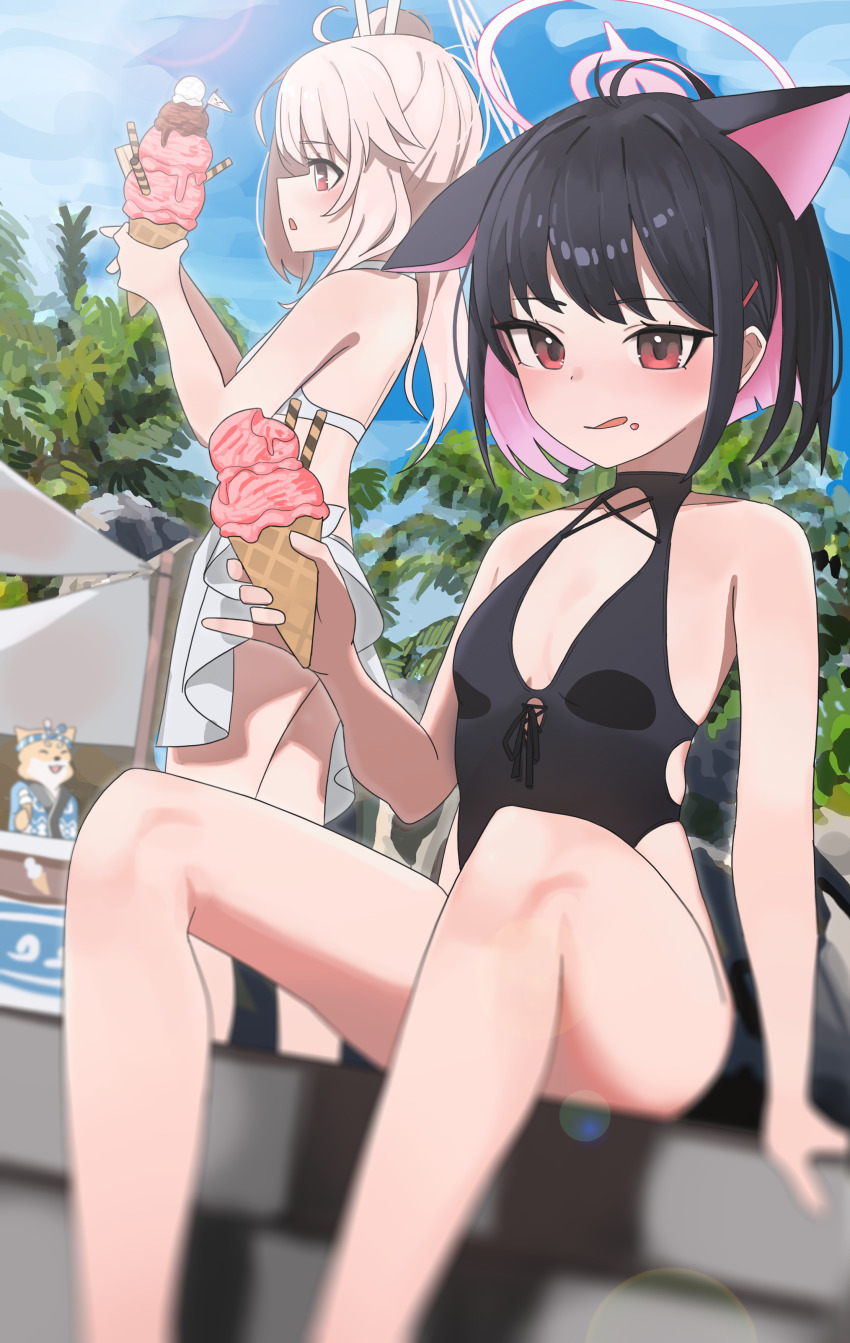 1boy, 2girls, absurdres, ahoge, animal_ears, bikini, black_hair, black_one-piece_swimsuit, blue_archive, blush, breasts, cat_ears, cloud, colored_inner_hair, commentary_request, extra_ears, food, food_on_face, hair_ornament, hairclip, halo, halterneck, highres, holding_food, holding_ice_cream, ice_cream, ice_cream_cone, ice_cream_on_face, kazusa_(blue_archive), lens_flare, licking_lips, long_hair, master_shiba_(blue_archive), momocadraw, multicolored_hair, multiple_girls, natsu_(blue_archive), one-piece_swimsuit, open_mouth, outdoors, pink_eyes, pink_hair, red_eyes, short_hair, side_ponytail, sitting, skirt, sky, small_breasts, standing, swimsuit, tongue, tongue_out, tree, two-tone_hair, wafer_stick, white_bikini, white_skirt