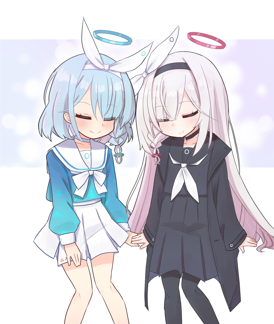 2girls, plana_(blue_archive), arona_(blue_archive), black_choker, black_coat, black_hairband, black_sailor_collar, black_serafuku