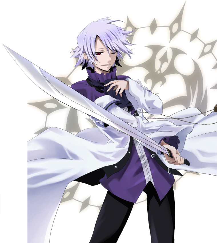 00s, 1boy, formal_clothes, hair_over_one_eye, male_focus, md5_mismatch, outside_border, pandora_hearts, puu_(aiko), red_eyes, resolution_mismatch, short_hair, silver_hair, solo, source_larger, sword, weapon, xerxes_break