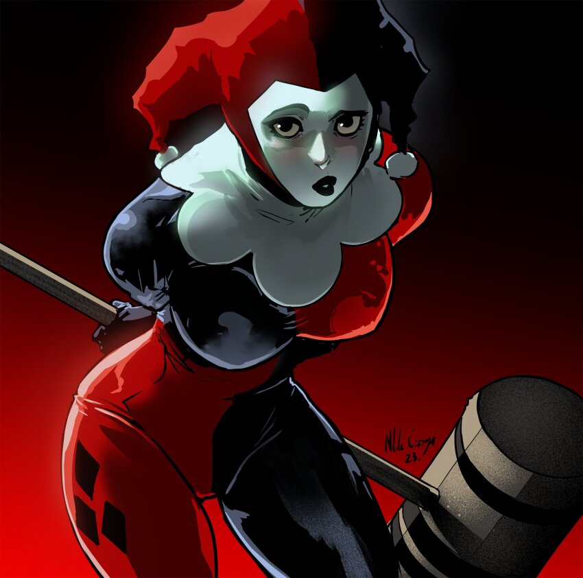 1girl, absurdres, batman_(series), black_lips, blue_eyes, bodysuit, breasts, commentary, dc_comics, english_commentary, hammer, harlequin, harley_quinn, highres, holding, holding_hammer, jester, kjlbs, large_breasts, leaning_forward, lipstick, looking_at_viewer, makeup, multicolored_bodysuit, skin_tight, solo