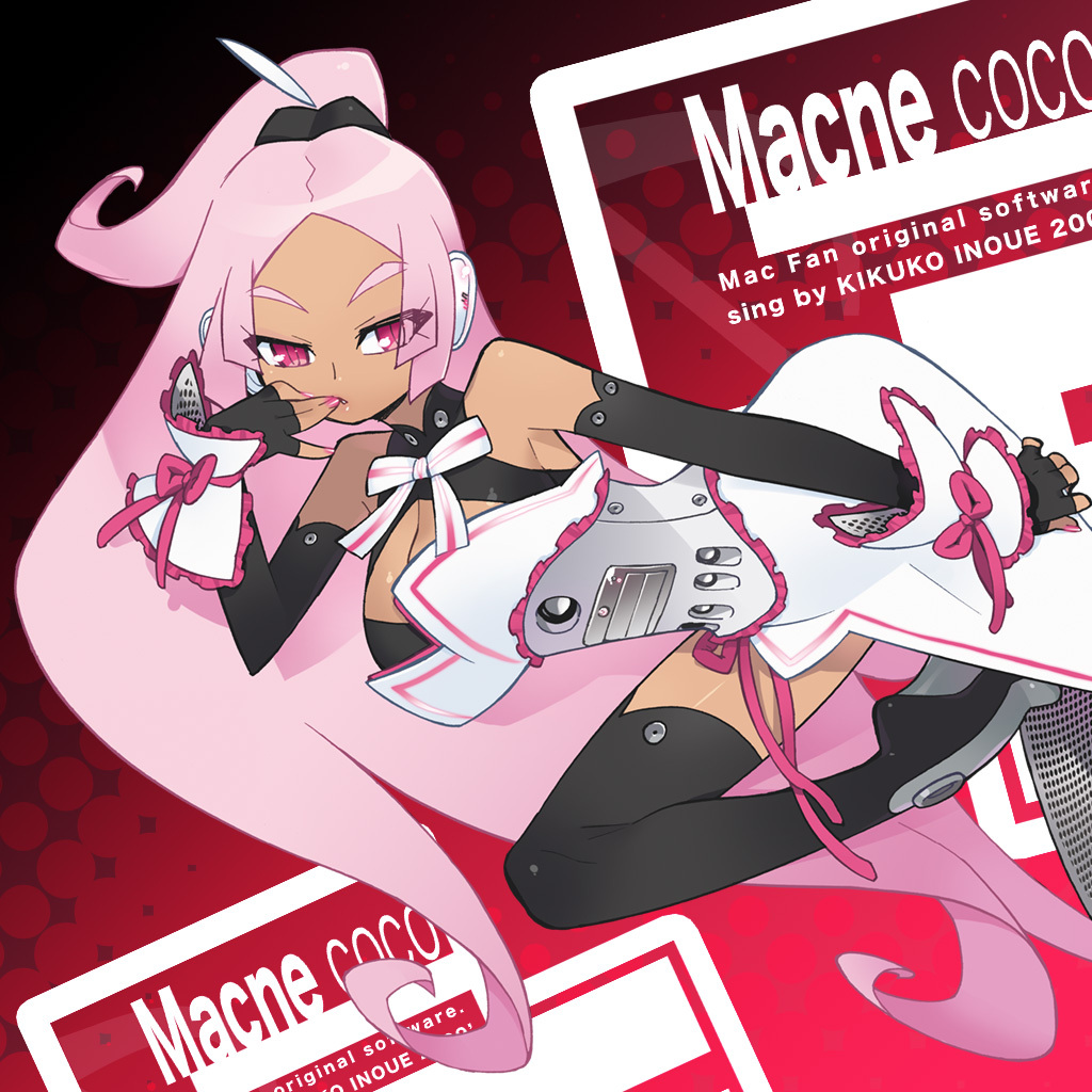 1girl, akatsuki_gomoku, apple_inc., arched_back, bow, breasts, cleavage, dark-skinned_female, dark_skin, elbow_gloves, female_focus, fingerless_gloves, gloves, long_hair, macintosh, macne_coco, macne_coco_(kuro), macne_series, nail_polish, pink_hair, pink_nails, ponytail, red_eyes, solo, thighhighs, very_long_hair