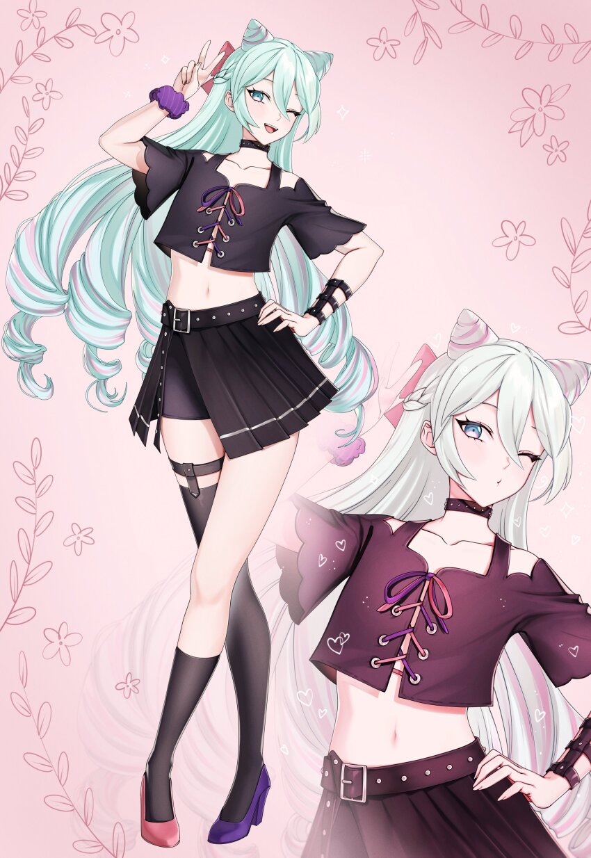 1boy, ;d, absurdres, asymmetrical_footwear, asymmetrical_legwear, bare_shoulders, belt, black_belt, black_choker, black_shirt, black_skirt, black_socks, black_thighhighs, blue_eyes, blue_hair, bow, choker, commentary, cone_hair_bun, crossed_legs, drill_hair, fire_emblem, fire_emblem_engage, hair_between_eyes, hair_bow, hair_bun, high_heels, highres, long_hair, looking_at_viewer, male_focus, mari48240422, miniskirt, mismatched_footwear, multicolored_hair, multiple_views, nintendo, off-shoulder_shirt, off_shoulder, one_eye_closed, open_mouth, pink_background, pink_bow, pink_hair, pink_shoes, pleated_skirt, purple_footwear, rosado_(fire_emblem), shirt, shoes, short_sleeves, single_sock, single_thighhigh, skirt, smile, socks, standing, streaked_hair, thigh_strap, thighhighs, thighs, trap, very_long_hair, watson_cross