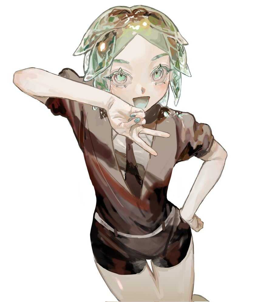 1other, :d, androgynous, aqua_eyes, aqua_hair, aqua_mouth, aqua_nails, aqua_tongue, belt, colored_eyelashes, colored_mouth, colored_skin, colored_tongue, crystal_hair, gem, gem_uniform_(houseki_no_kuni), green_eyes, green_hair, green_nails, hand_on_own_hip, highres, houseki_no_kuni, looking_at_viewer, nail_polish, necktie, o_haruru_oekaki, open_mouth, other_focus, parted_bangs, phosphophyllite, puffy_short_sleeves, puffy_sleeves, shirt, short_hair, short_shorts, short_sleeves, shorts, simple_background, smile, solo, thigh_gap, v, white_background, white_belt, white_shirt, white_skin