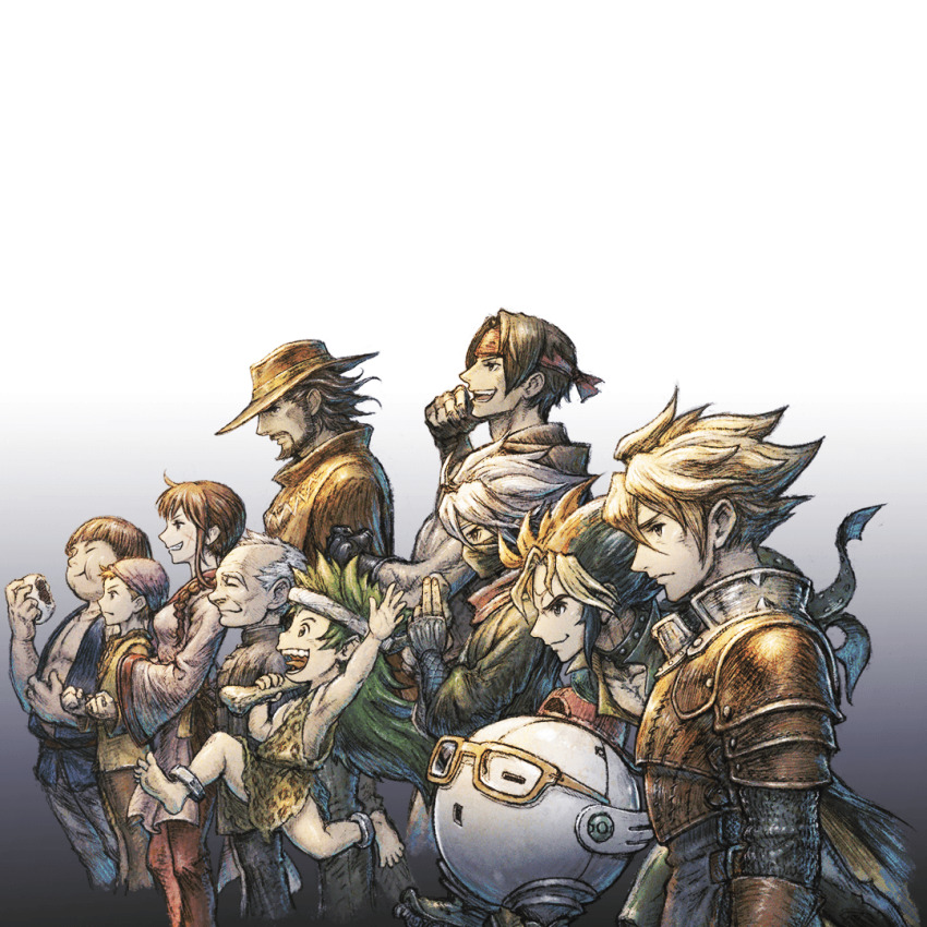 1girl, 6+boys, armor, bandana, steamed_bun, beard, brown_hair, collar