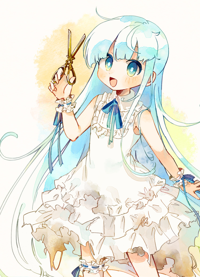 1girl, blue_hair, blue_ribbon, bright_pupils, collared_dress, commentary_request, cowboy_shot, dress, flat_chest, frilled_dress, frilled_thigh_strap, frills, highres, holding, holding_scissors, hoshizuki_sakusa, light_blue_hair, long_hair, neck_ribbon, open_mouth, original, ribbon, scissors, sleeveless, sleeveless_dress, smile, solo, thigh_strap, white_dress, white_pupils, white_wrist_cuffs, wrist_cuffs