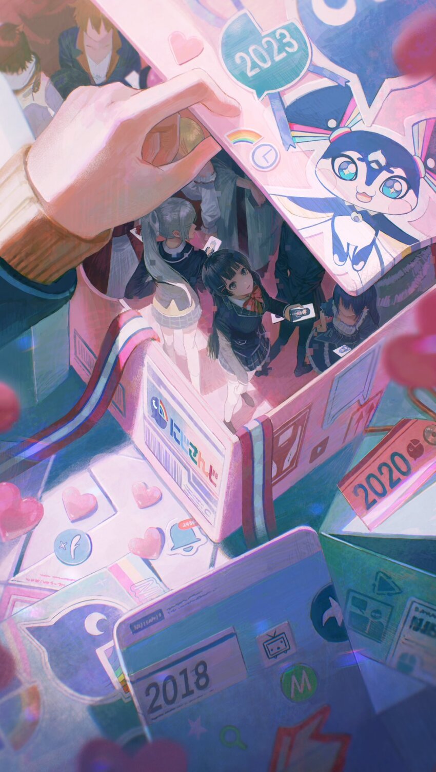 2018, 2020, 2023, 6+girls, barcode, black_hair, cat, character_request, check_character, fumino_tamaki, fumino_tamaki_(1st_costume), fushimi_gaku, fushimi_gaku_(1st_costume), heart, highres, higuchi_kaede, holding, holding_phone, ikuta41, looking_up, multiple_girls, neck_ribbon, niconico, nijisanji, phone, plaid_clothes, plaid_skirt, pov, pov_hands, ribbon, school_uniform, shizuka_rin, skirt, solo_focus, surreal, suzuya_aki, suzuya_aki_(1st_costume), thighhighs, tsukino_mito, tsukino_mito_(1st_costume), virtual_youtuber, white_thighhighs