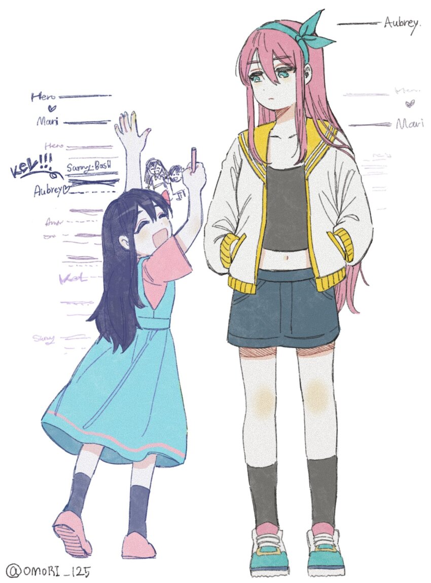 2girls, aqua_bow, aqua_dress, aqua_eyes, aqua_shoes, aubrey_(faraway)_(omori), aubrey_(omori), black_shirt, black_socks, bow, closed_eyes, closed_mouth, crayon, crop_top, denim, denim_skirt, drawing, dress, dual_persona, expressionless, full_body, gokun, hair_bow, hands_in_pockets, height_chart, height_difference, highres, holding, holding_crayon, jacket, long_hair, long_sleeves, looking_at_another, multicolored_jacket, multiple_girls, omori, open_clothes, open_jacket, open_mouth, pink_hair, pink_shirt, pink_shoes, purple_hair, shirt, shoes, simple_background, skirt, smile, sneakers, socks, standing, twitter_username, two-tone_jacket, white_background, white_jacket, yellow_jacket