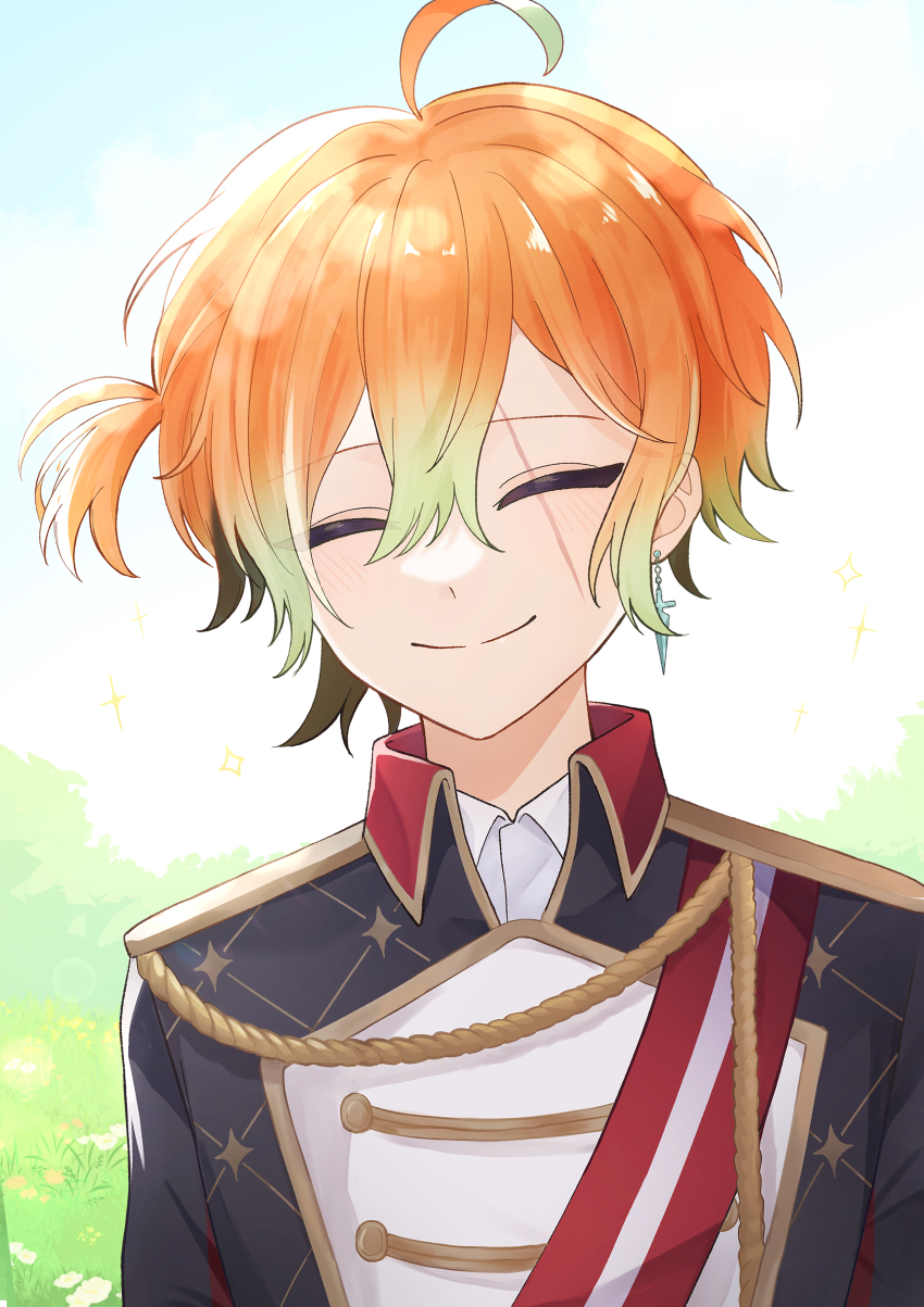 1boy, absurdres, ahoge, akuma_shitsuji_to_kuroi_neko, androgynous, black_jacket, blush, closed_eyes, closed_mouth, collared_shirt, earrings, facing_viewer, formal_clothes, highres, jacket, jewelry, light_green_hair, male_focus, multicolored_hair, orange_hair, shirt, short_hair, side_ponytail, smile, solo, sumino_iro, teddy_brown, white_background, white_shirt