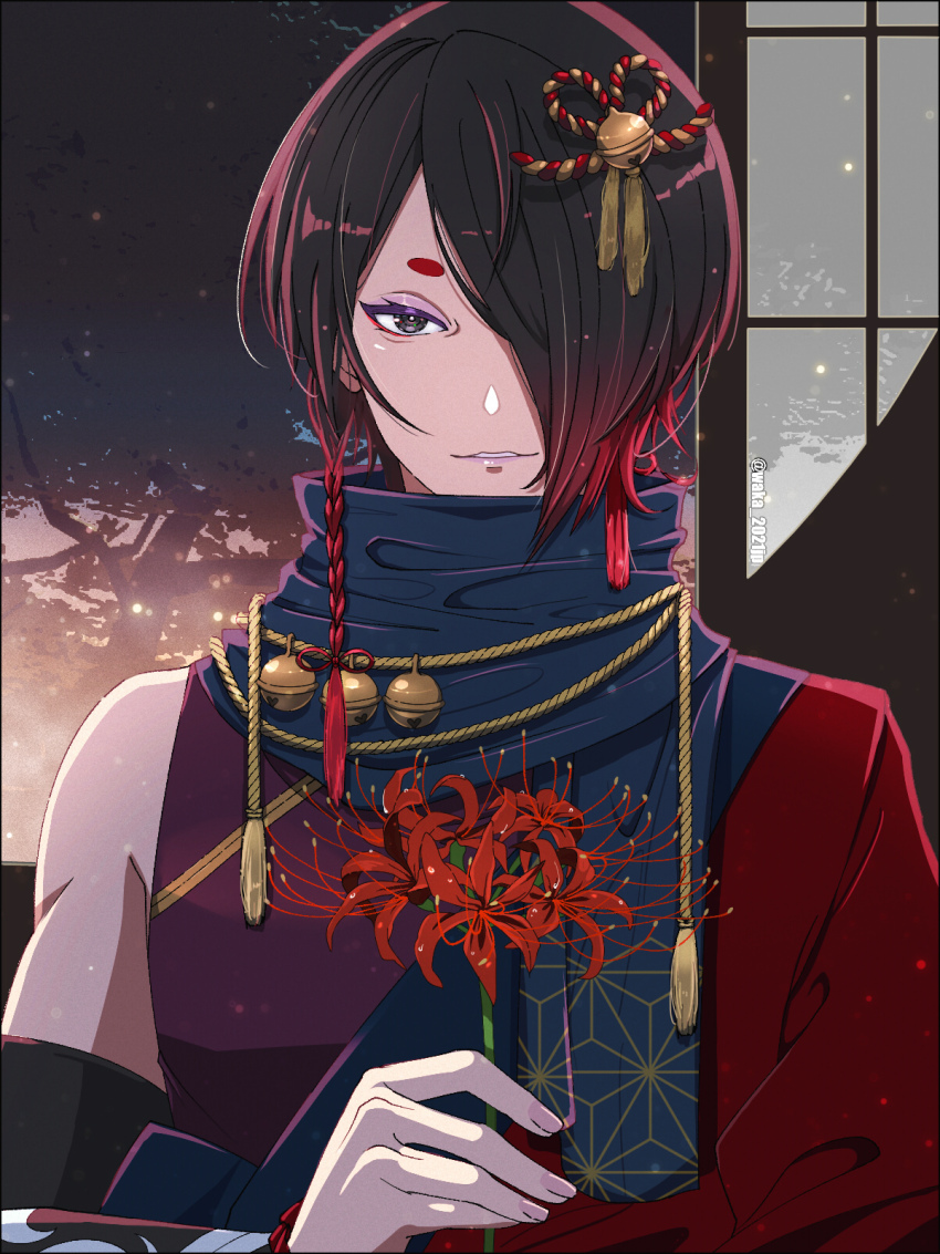 1boy, akuma_shitsuji_to_kuroi_neko, bell, black_hair, blue_scarf, braid, brown_eyes, chinese_clothes