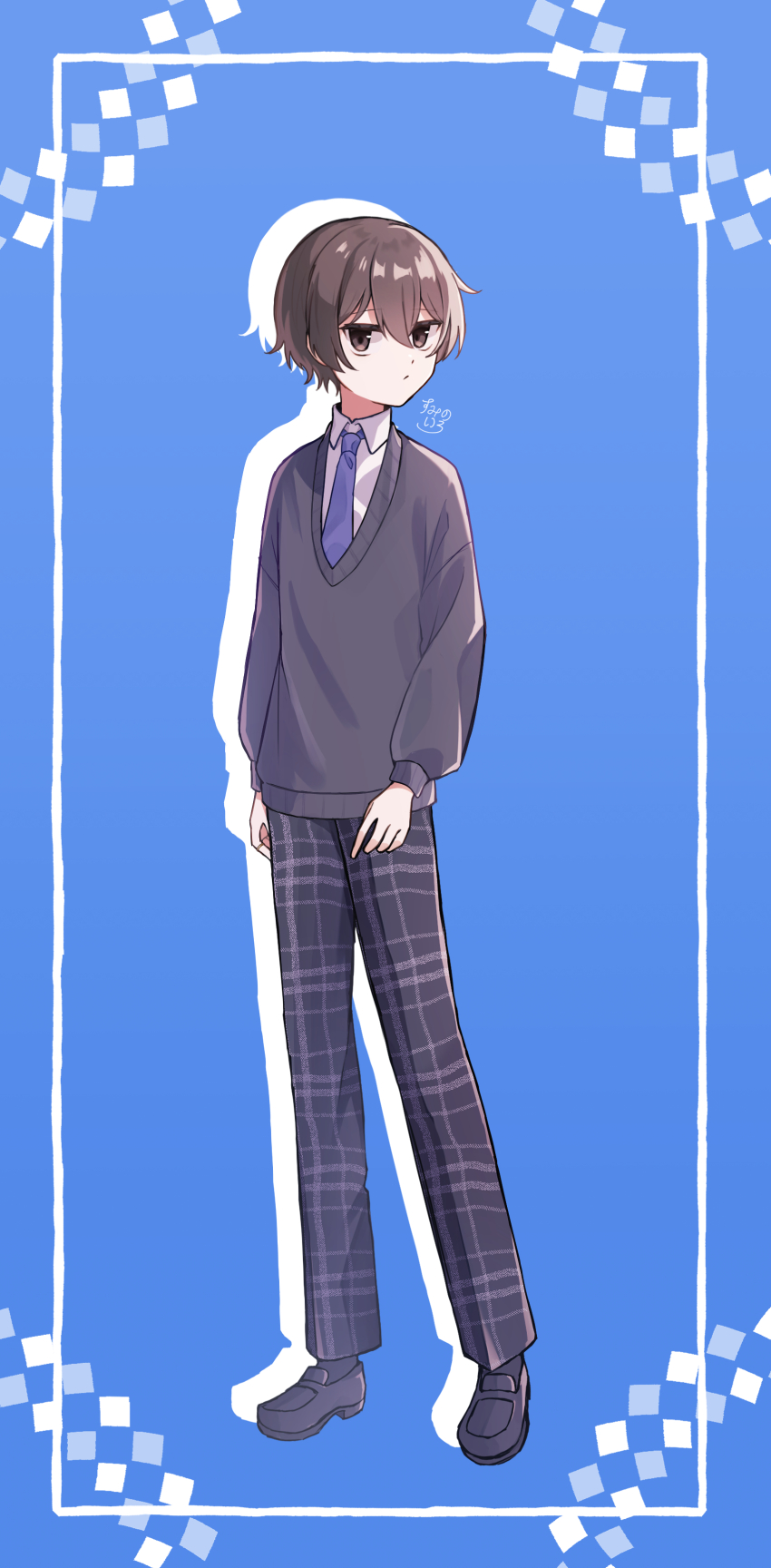 1boy, absurdres, akuma_shitsuji_to_kuroi_neko, black_shoes, blue_background, blue_necktie, brown_eyes, brown_hair