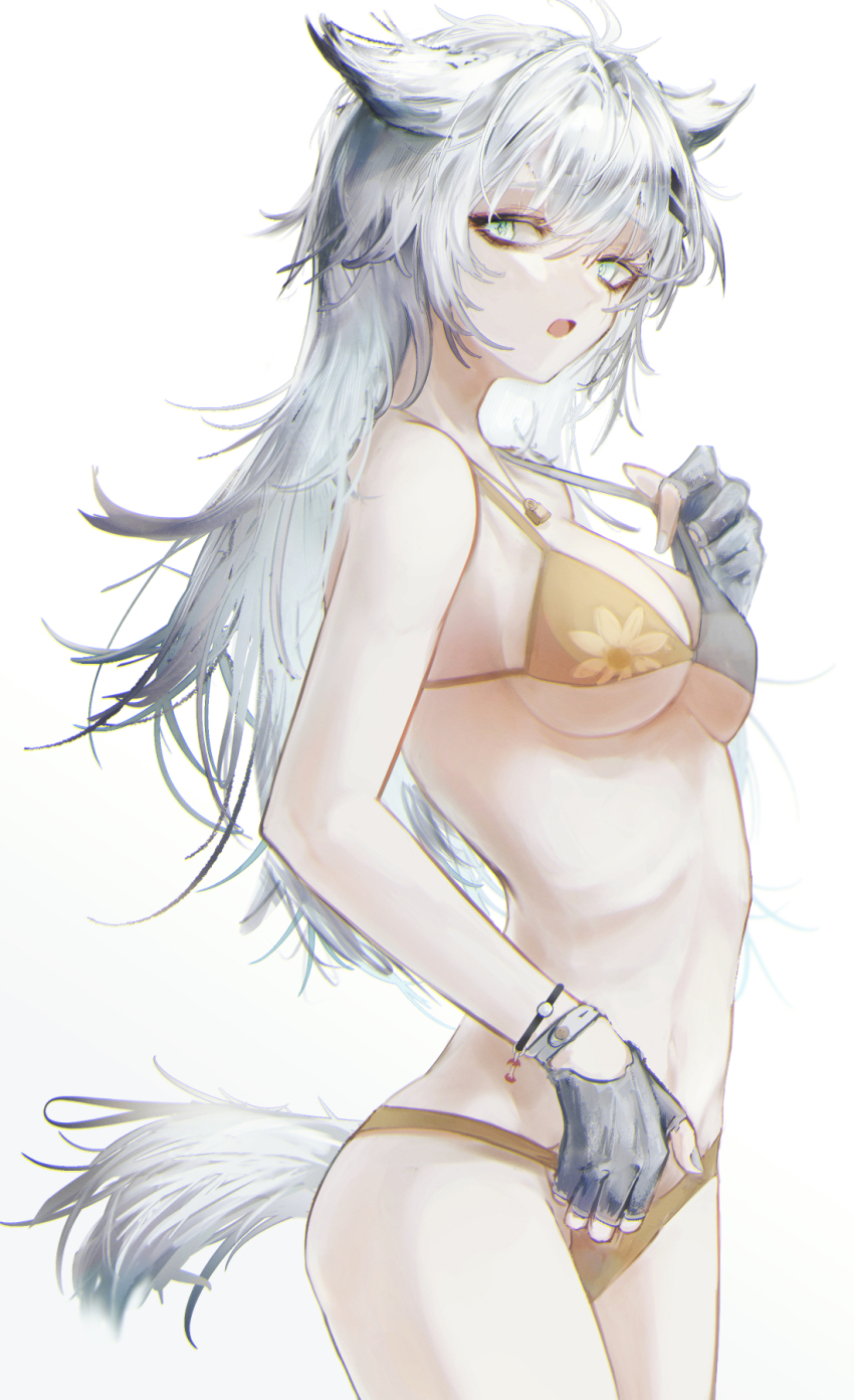 1girl, aiv, animal_ears, arknights, bikini, breasts, cleavage, commentary