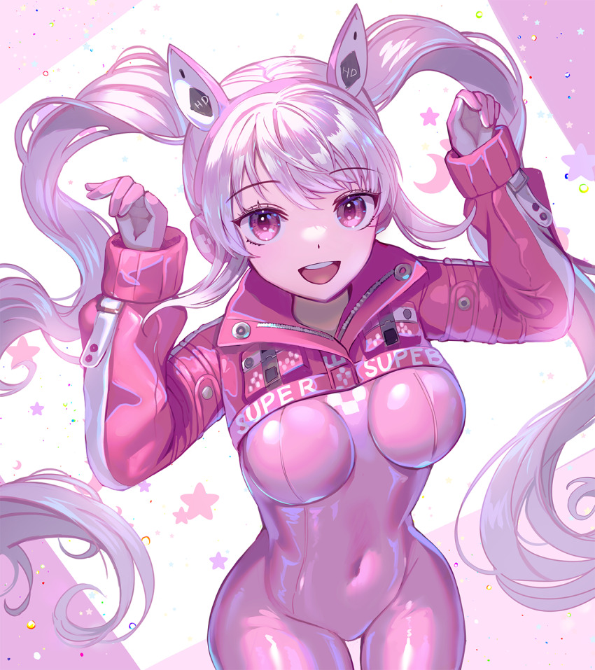 1girl, alice_(nikke), animal_ear_headphones, animal_ears, bodysuit, breasts, clothes_writing, covered_navel, cropped_jacket, fake_animal_ears, gloves, goddess_of_victory:_nikke, headphones, highres, impossible_bodysuit, impossible_clothes, jacket, kozou_kazaru, long_hair, long_sleeves, looking_at_viewer, medium_breasts, pink_bodysuit, pink_eyes, pink_gloves, pink_hair, puffy_sleeves, rabbit_pose, red_jacket, sidelocks, skin_tight, sleeves_past_wrists, smile, solo, star_(symbol), teeth, thigh_gap, twintails, two-tone_gloves, upper_teeth_only, white_gloves, wide_hips