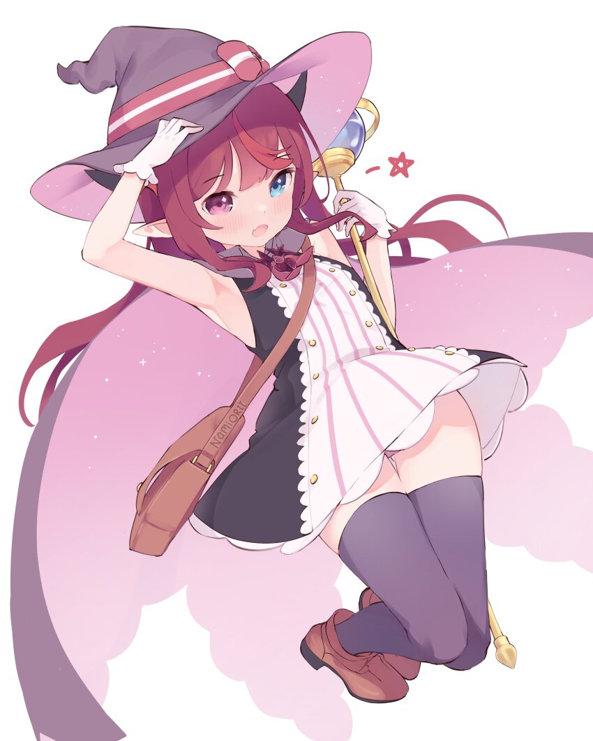 1girl, absurdres, armpits, bag, black_thighhighs, blue_eyes, bow, cape, cosplay, demon_horns, dress, fang, flat_chest, gloves, hat, hat_bow, heterochromia, highres, holding, holding_staff, hololive, hololive_english, horns, irys_(hololive), legs_together, light_blush, little_witch_nobeta, long_hair, looking_at_viewer, namiorii, nobeta, nobeta_(cosplay), open_mouth, panties, panty_peek, pointy_ears, purple_eyes, purple_hair, short_dress, shoulder_bag, simple_background, skin_fang, sleeveless, sleeveless_dress, solo, staff, star_(symbol), thighhighs, underwear, virtual_youtuber, white_background, white_gloves, witch_hat
