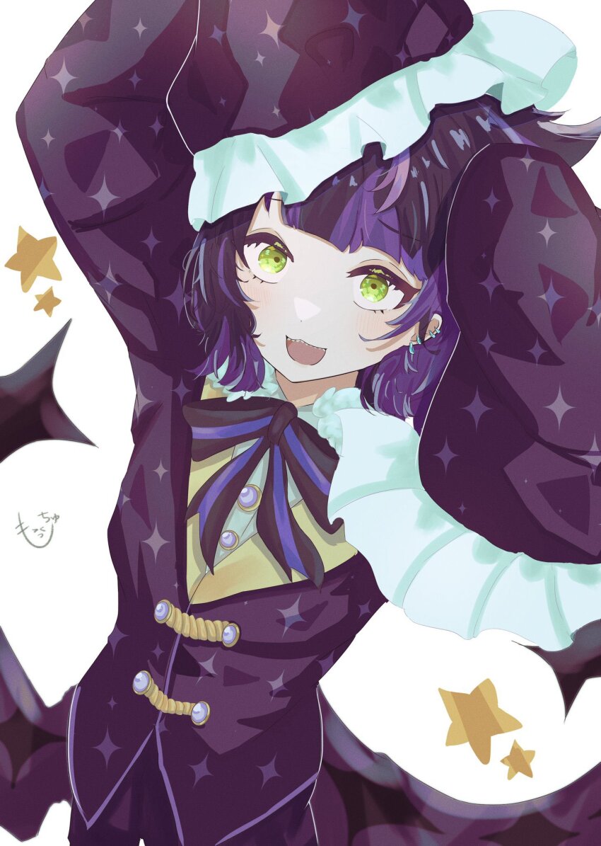 1boy, akuma_shitsuji_to_kuroi_neko, black_hair, blush, ear_piercing, green_eyes, highres, lamli_bennett