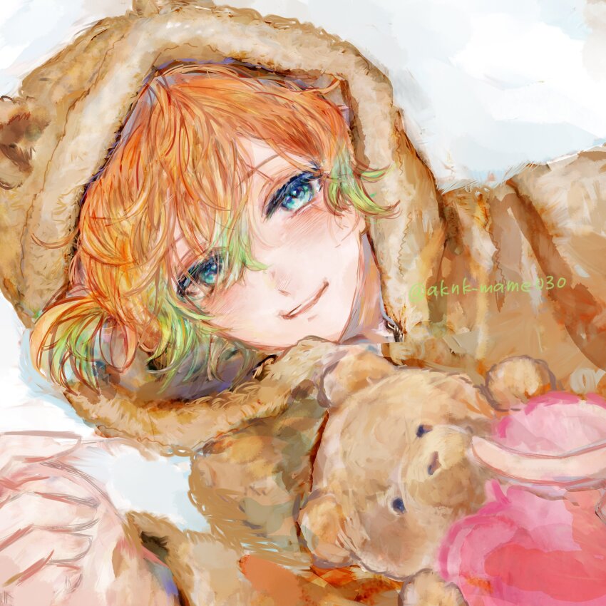 1boy, absurdres, akuma_shitsuji_to_kuroi_neko, androgynous, aqua_eyes, brown_hoodie, highres, holding, holding_stuffed_toy, hood, hood_down, hoodie, light_green_hair, looking_at_viewer, lying, male_focus, maruma_mekuro, multicolored_hair, open_mouth, orange_hair, pillow, side_ponytail, smile, solo, stuffed_animal, stuffed_toy, teddy_bear, teddy_brown, twitter_username