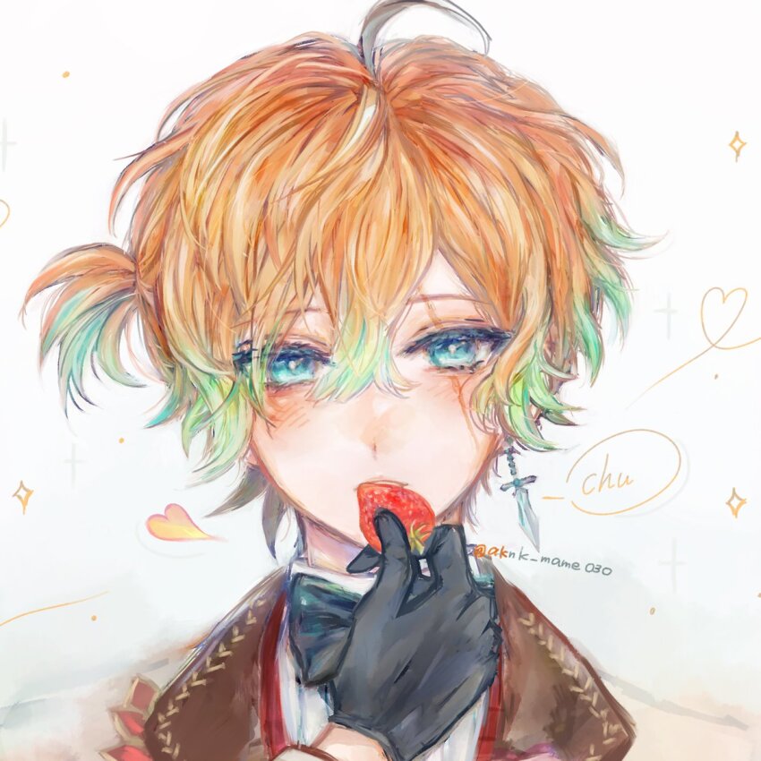 1boy, ahoge, akuma_shitsuji_to_kuroi_neko, androgynous, aqua_eyes, aqua_hair, black_gloves, earrings