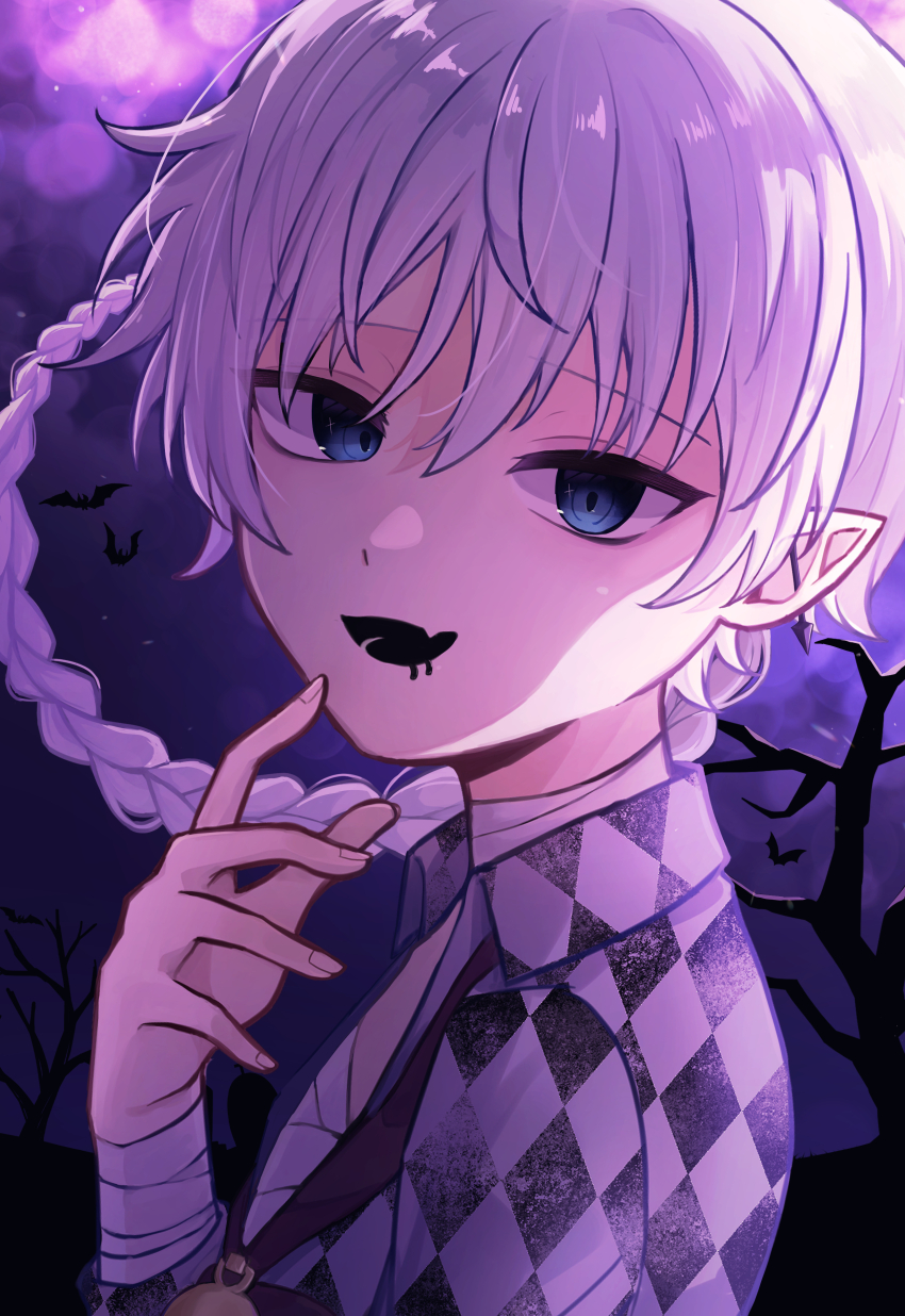 1boy, absurdres, akuma_shitsuji_to_kuroi_neko, bandaged_arm, bandaged_neck, bandages, bat_(animal), black_background