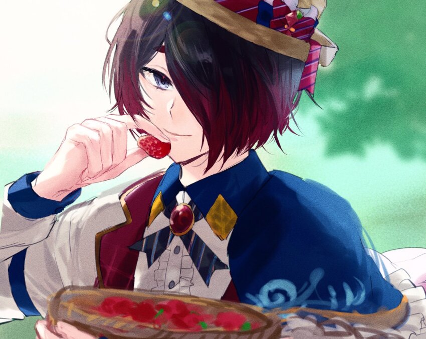 1boy, akuma_shitsuji_to_kuroi_neko, basket, black_eyes, black_hair, blue_jacket, fon_sousaku, food, fruit, hair_over_one_eye, hat, holding, holding_food, holding_fruit, jacket, long_sleeves, male_focus, multicolored_hair, red_hair, shinonome_yuhan, short_hair, solo, strawberry, white_jacket