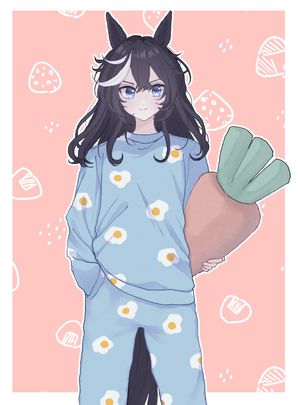 1girl, alternate_costume, alternate_hairstyle, animal_ears, black_hair, blue_eyes, blue_pants, blue_shirt