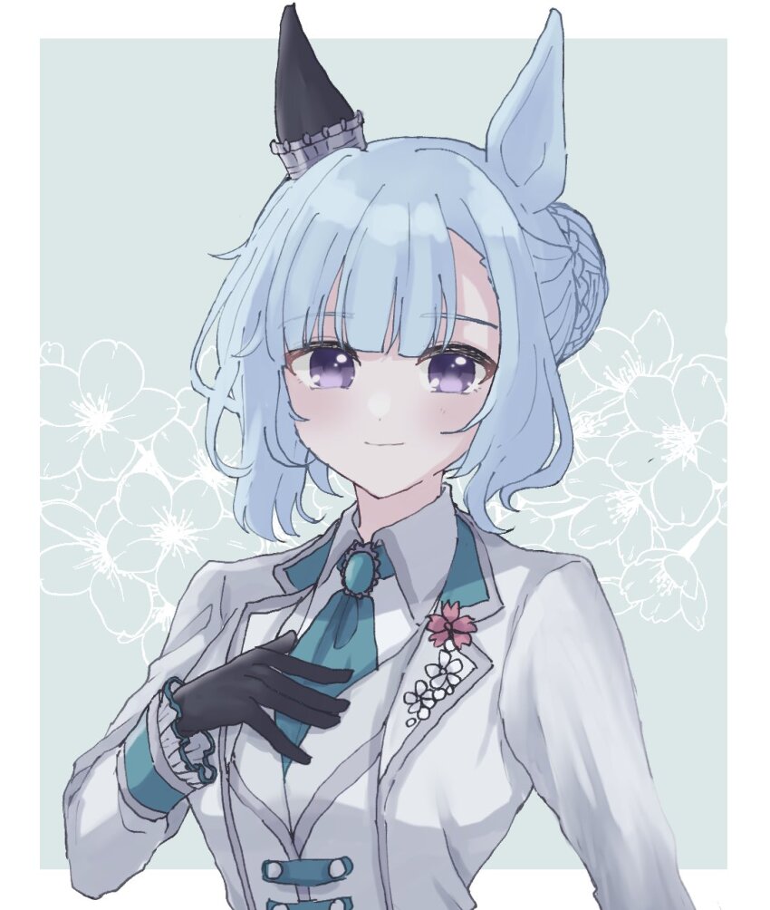 1girl, animal_ears, ascot, black_gloves, breasts, brooch, closed_mouth, gloves
