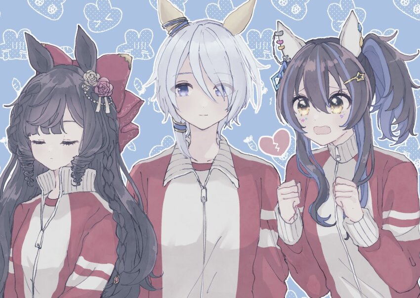 3girls, animal_ears, blue_eyes, blue_hair, bow, braid, breasts, broken_heart