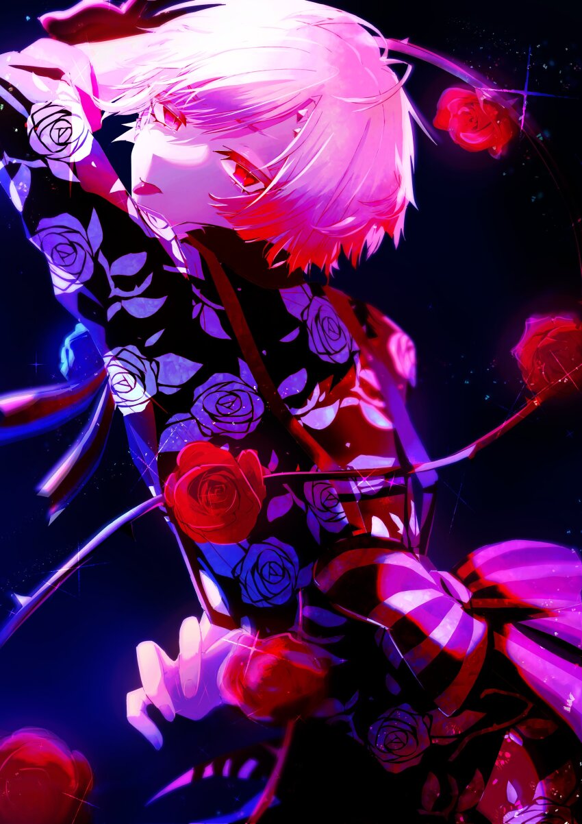 1boy, absurdres, akuma_shitsuji_to_kuroi_neko, ammon_lead, black_jacket, bow, face_piercing, floral_print, flower, forehead_piercing, highres, jacket, long_sleeves, male_focus, meme_(moa), piercing, pink_hair, red_eyes, red_flower, red_hair, red_rose, rose, short_hair, solo, tongue, tongue_out, white_hair