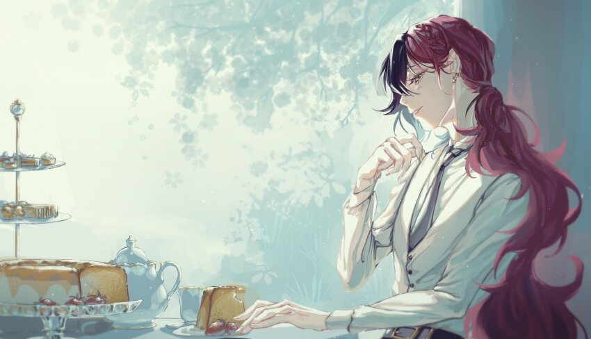 1boy, akuma_shitsuji_to_kuroi_neko, bishounen, black_hair, blush, braid, cake, cake_slice, collared_shirt, cup, earrings, facing_to_the_side, food, formal_clothes, hakuu_no_hoshi, highres, jewelry, kettle, long_hair, long_sleeves, looking_down, lucas_thompscie, multicolored_hair, multiple_earrings, necktie, pink_hair, purple_necktie, shirt, solo, split-color_hair, teacup, vest, white_shirt, white_vest