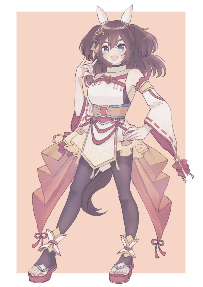 1girl, animal_ears, bare_shoulders, black_pantyhose, blue_eyes, breasts, brown_hair, detached_sleeves, dress, ear_covers, fang, fox_shadow_puppet, full_body, hair_ornament, hand_on_own_hip, hand_up, highres, horse_ears, horse_girl, horse_tail, inari_one_(fields_of_gold)_(umamusume), inari_one_(umamusume), long_hair, looking_at_viewer, micca_(suisuisuigyo), open_mouth, pantyhose, sandals, short_dress, sleeveless, sleeveless_dress, small_breasts, smile, solo, tail, toeless_legwear, toes, two_side_up, umamusume, zouri