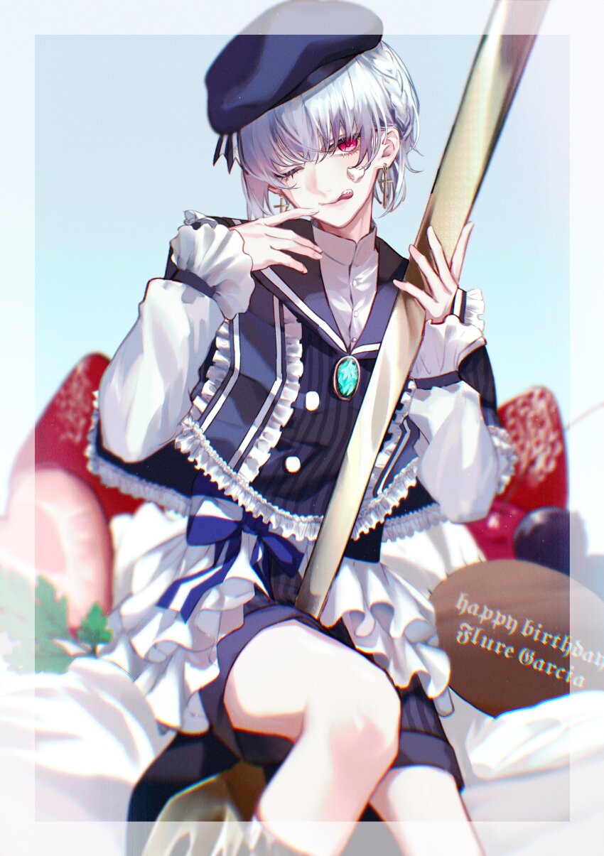 1boy, absurdres, akuma_shitsuji_to_kuroi_neko, androgynous, blue_hair, blueberry, braid, cake